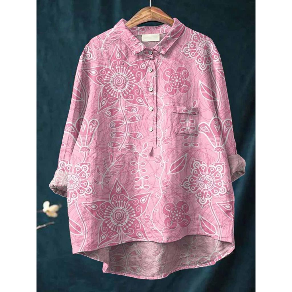 Women's Turn Down Collar Long Sleeve Floral Print Shirt Loose Fit Elegant Casual Blouse