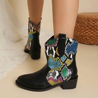 Mode 2024 Neue Herbst Winter Damen Kurze Stiefel Trend Patchwork Schlangenmuster Damenstiefel Runde Zehenpartie PU Leder Schlupfstiefel Knöchelstiefel