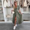 Fashion Sexy V-neck Denim Dress Women's Single Breasted Half Sleeved A-line Dress Solid Color Commute Minimalist Dresses Spring and Summer New