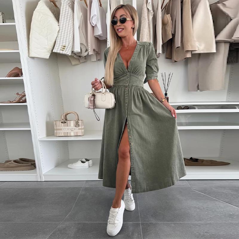 Fashion Sexy V-neck Denim Dress Women's Single Breasted Half Sleeved A-line Dress Solid Color Commute Minimalist Dresses Spring and Summer New