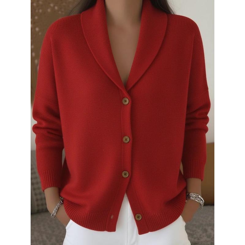 Damen S Strick Cardigan V-Ausschnitt Knopf Langarm Locker Faul Stil Einfarbig Pullover