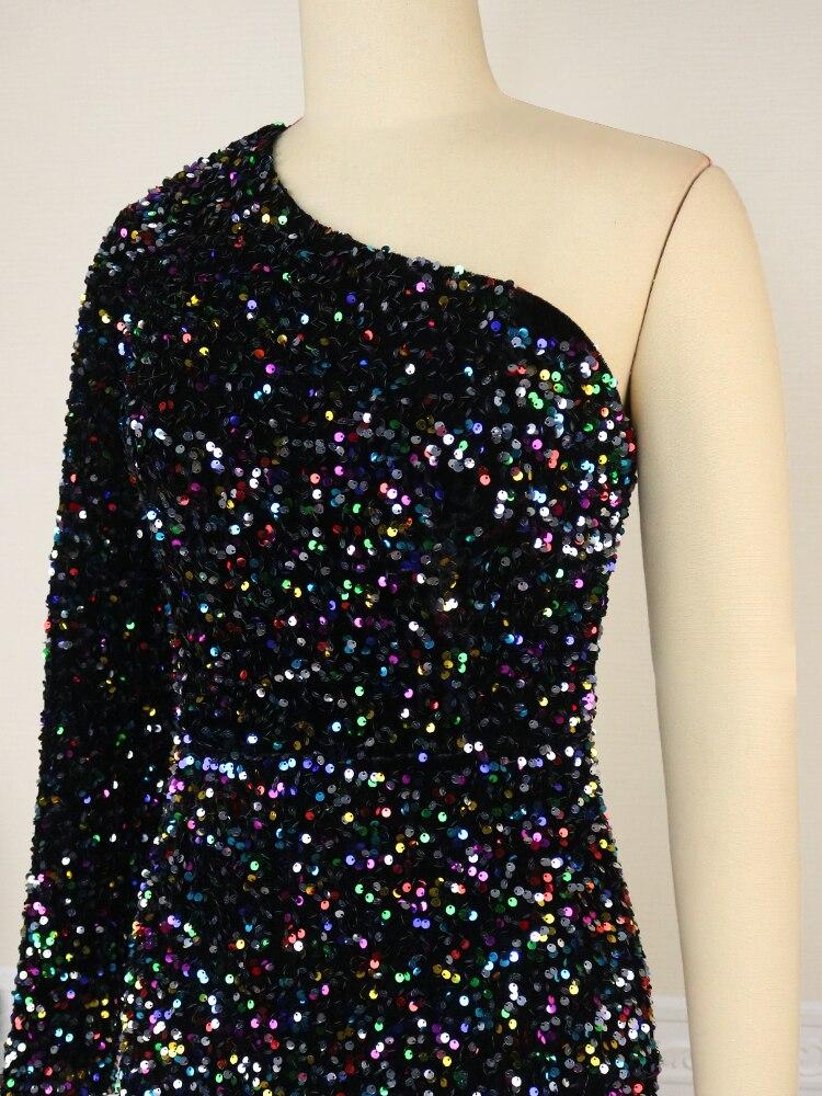 AOMEI Velvet Dresses One Shoulder Sequins Long Sleeve Bodycon High Waist Ruffles Mini Club Evening Cocktail Party Gowns