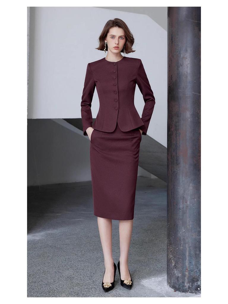AD Ancora Women's Red Slim-Fit Round Neck Suit Jacket and Skirt Set - High-End Socialite Style for Professional Commute