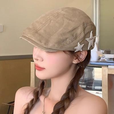 Retro Stern Forward Hut Damen Britisch Lässig Einfach Vielseitig Gesicht Klein Barett Gewaschener Hut