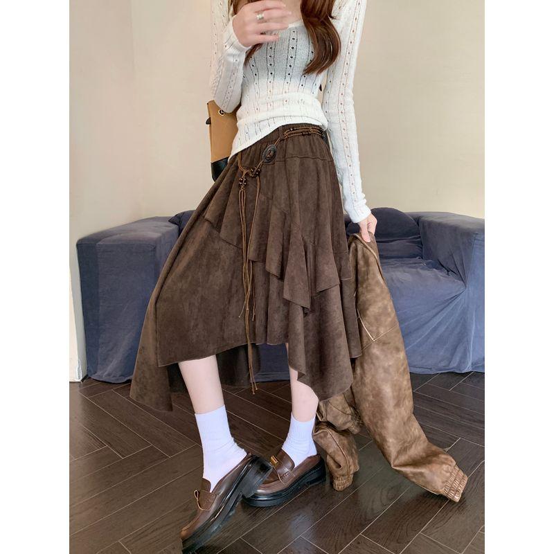 

Kumikumi Maillard Irregular Skirt A- Line Skirt Women Autumn Drape High Waist Slimming Versatile Midi dress Curry color S