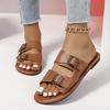 Large Size Buckle Flat Bottom One-word Shoes Women's Open-toed Retro Wind Beach Cool Slippers