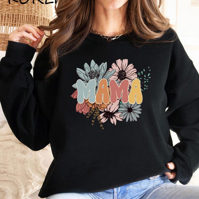 Women's Autumn/Winter Floral MAMA Print Hoodie with Back Collar and Round Neck