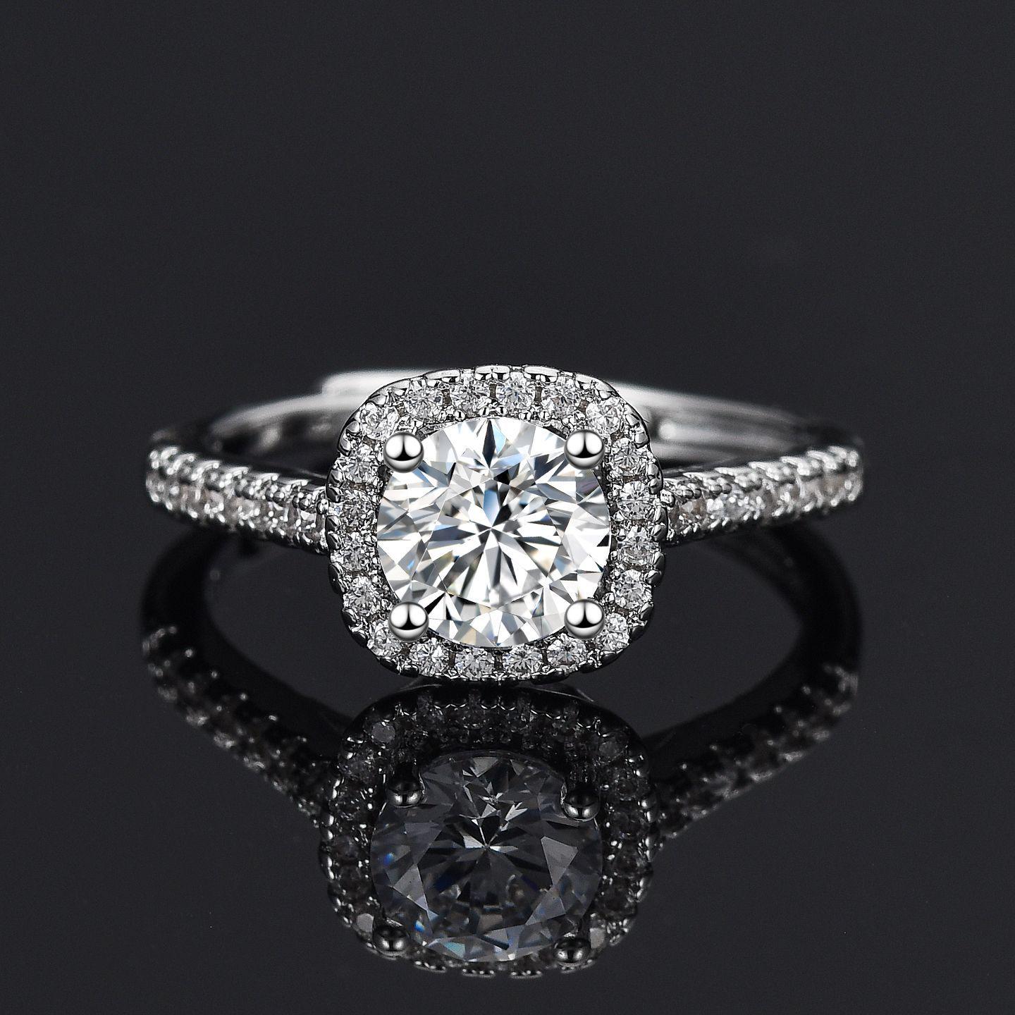 Pang Donglai Classic Square One Carat Diamond Ring: Women s Adjustable Korean Style Fashion Ring Open Adjustable