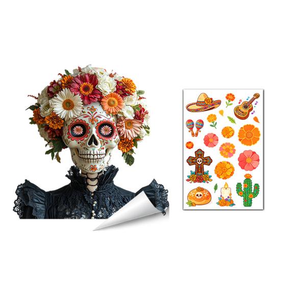 Durable Sunproof Glass Stickers Day of The Dead Window Clings, Halloween Double-Sided Skull Sticker, Ethnic Pattern Wall Art Colorful Flower Skeleton