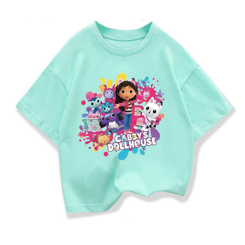 Summer Tee Girls Short Sleeve Tops Kawaii Gabbys Dollhouse T-shirt for Baby Girls Gabby Cats T Shirts Kids Children Clothing