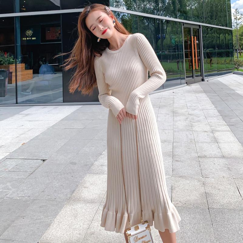 Long Sleeve Sweater Dress Women Maxi Dress Knit Fishtail Long Winter Knitted Dresses Clothes Ruffelss Women Clothing