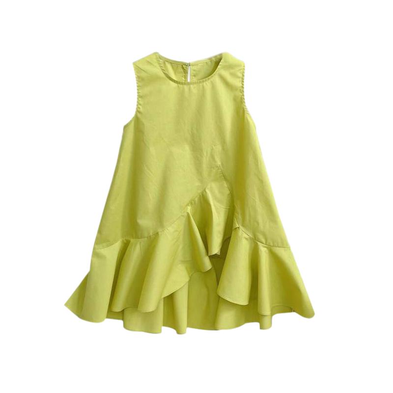 

Платье для девочек, детское платье, летнее детское платье, однотонное платье с круглым вырезом, без рукавов, с оборками 11 жёлтый