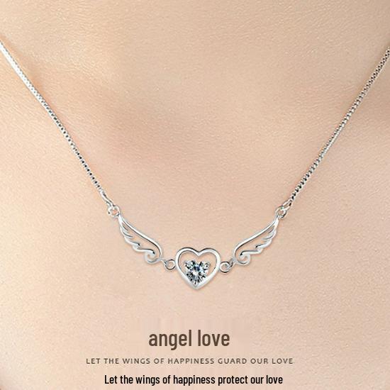 Korean Style Angel Wings Heart Zircon Pendant Necklace - Valentine's Day Gift Jewelry for Women
