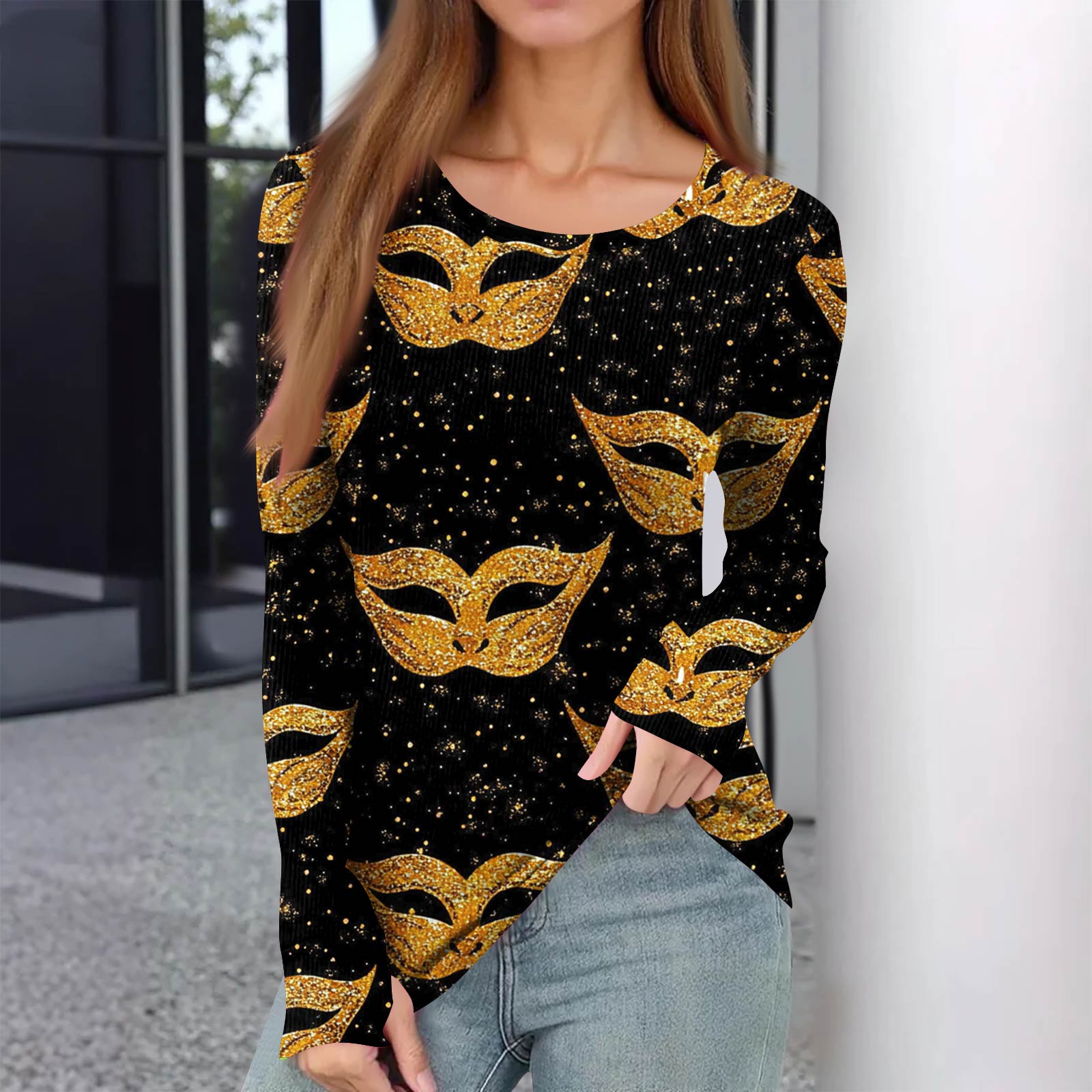 

Женская зимняя приталенная футболка Модная повседневная с принтом, с круглым вырезом, пуловер, топ с длинным рукавом M