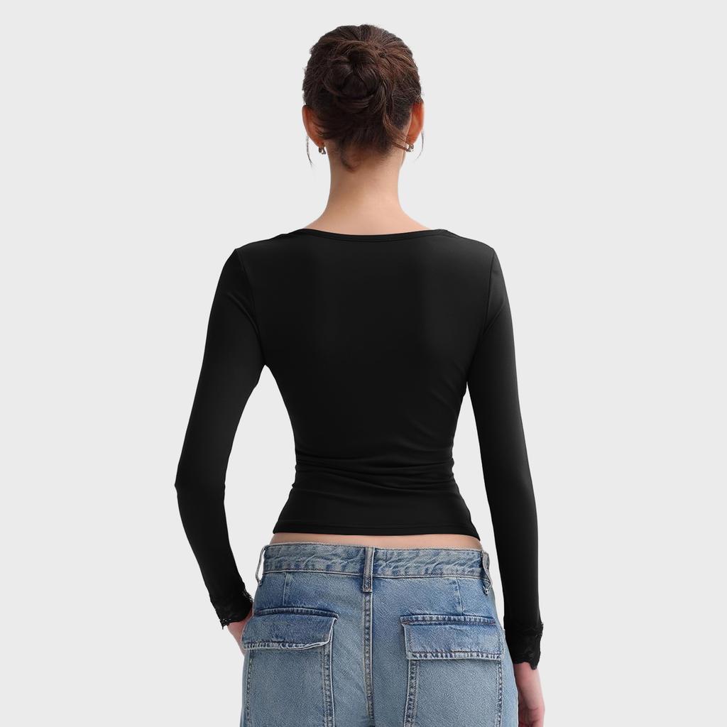 Women's Color V,Neck Lace Trim Blouse With Gathered Waist And Long Sleeves