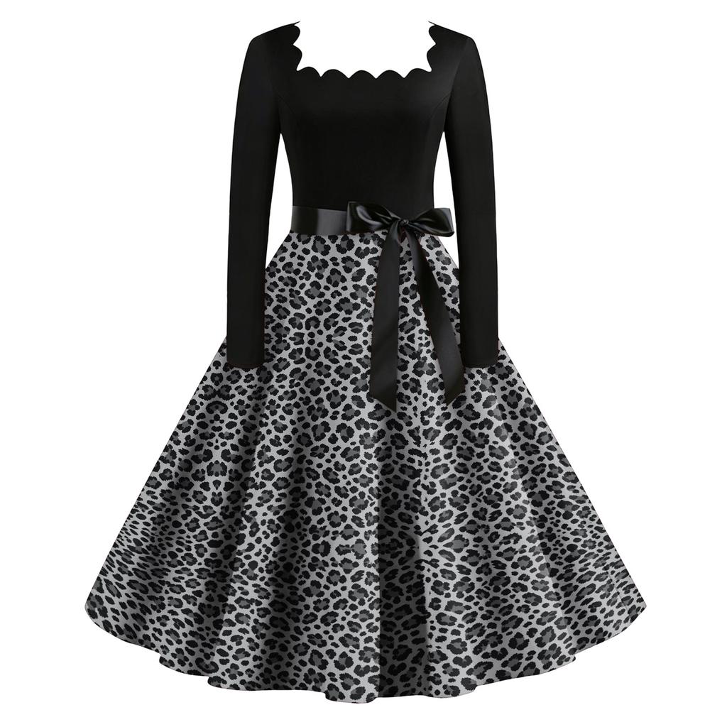 Women's Casual Vintage Leopard Print Long Sleeve Round Neck Dress