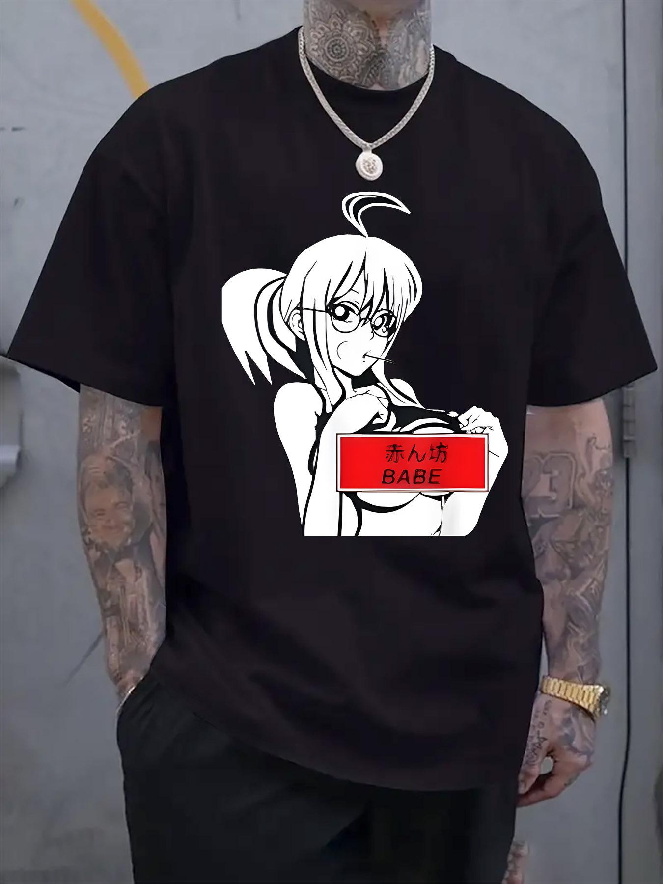 Casual Crew Neck T-shirt with Anime-Style Print - Black M