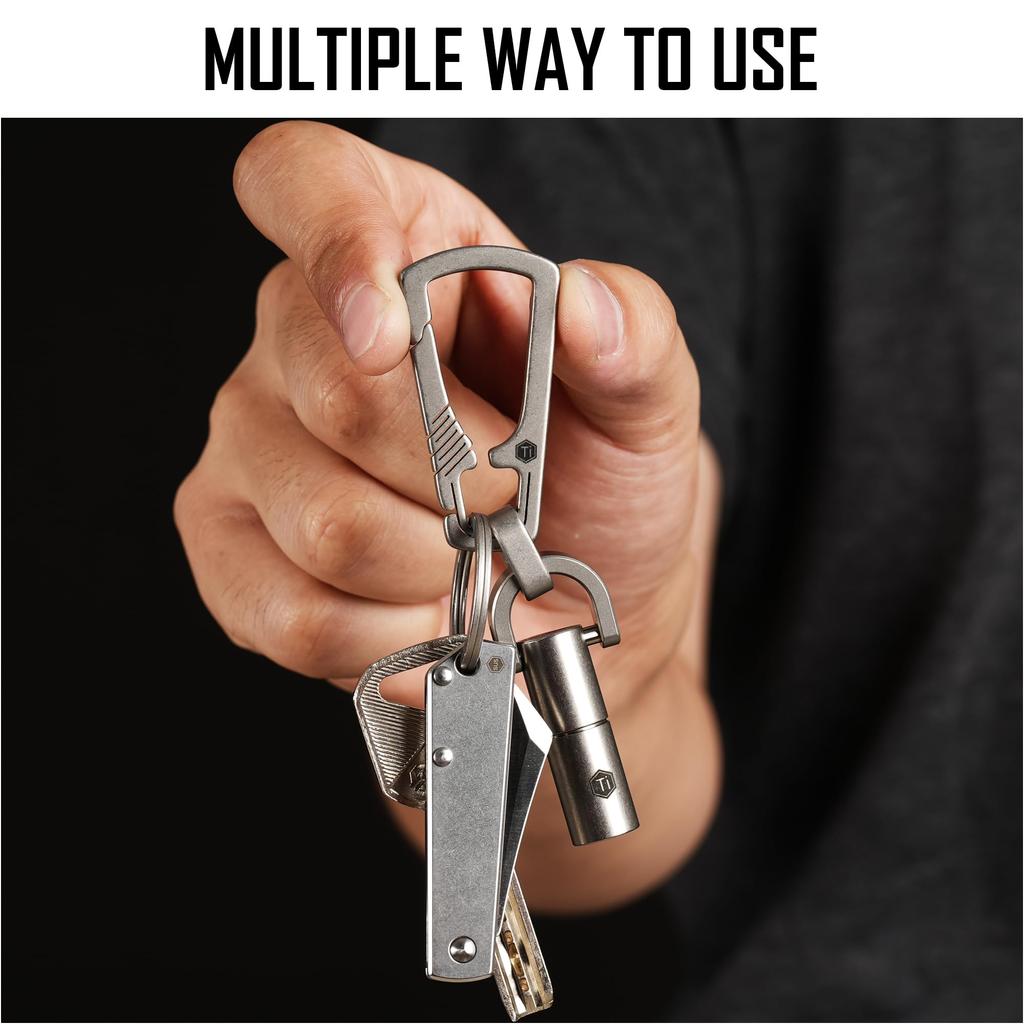 KeyUnity KM16SW Titanium Carabiner Keychain Clip Quick Release D-Ring Keychain with Key Ring, Lightweight, 2 Colors Available: Silver/PVD Black