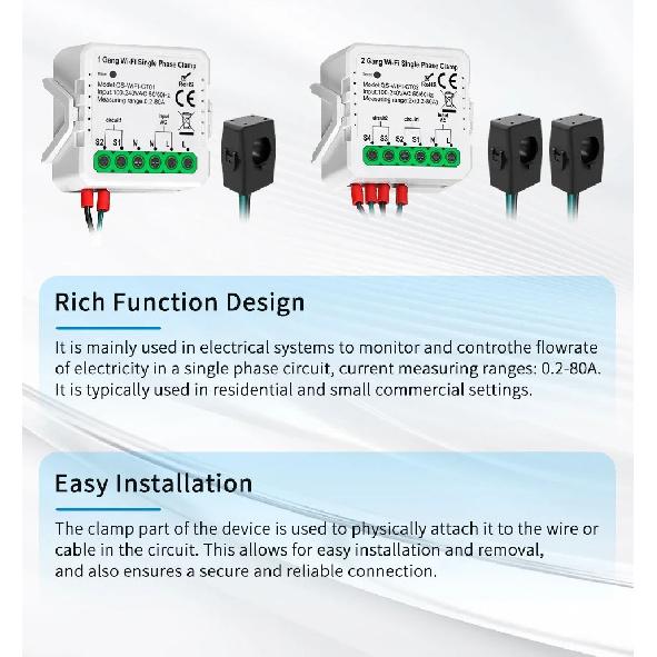 Tuya Smart Wifi Energy Meter Current Sensor Statistician for Solar PV System Home Power Monitor 110-240V 80A Single Phase Clamp