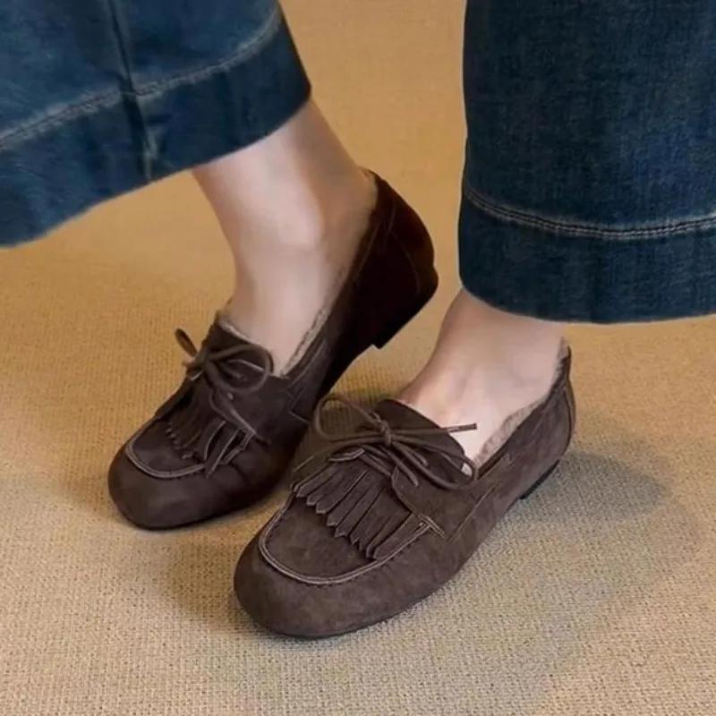 Fashion Shoes for Women 2024 Hot Sale Warm Women's Flats Daily Casual Flats Women Bow Tie Fringe Round Toe Soft Bottom Shoes Ladies