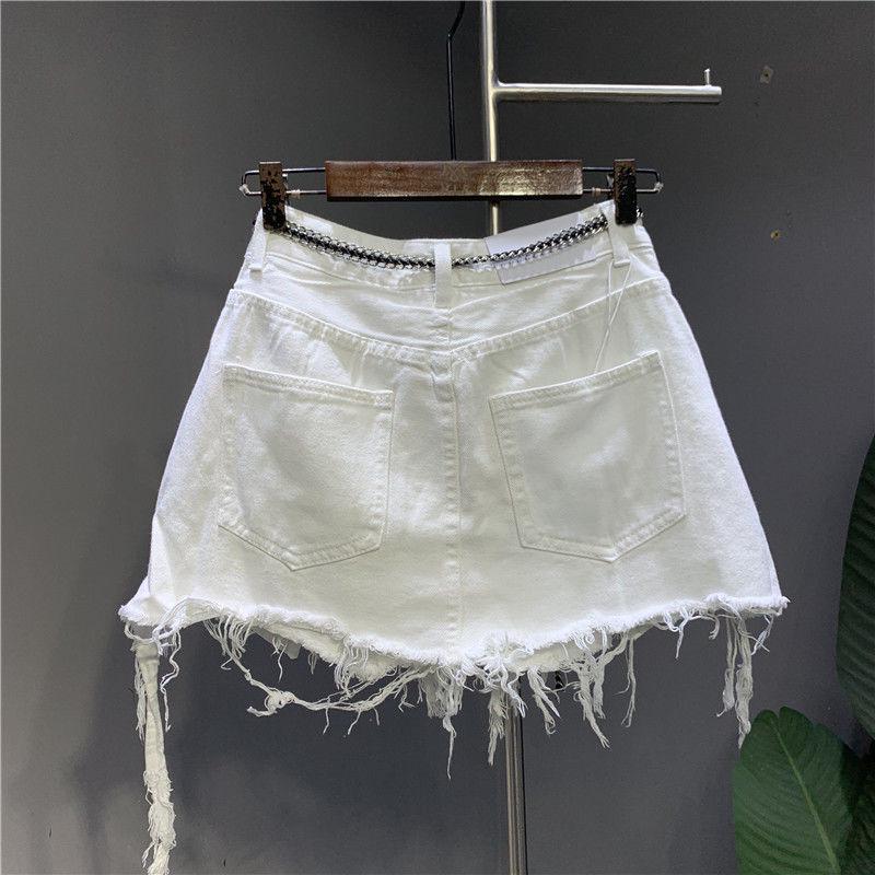 2023 Spring/Autumn White Raw Edge Irregular Denim Skirt with Anti-Exposure Holes and Pockets