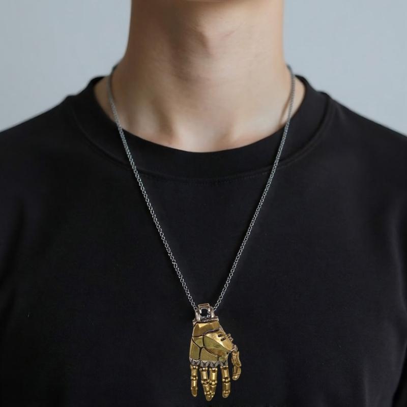 Bionic Movable Finger Joints Hand Pendant with Chain for Men/Women Contemporary Mechanical Jewelry Statement Accessory