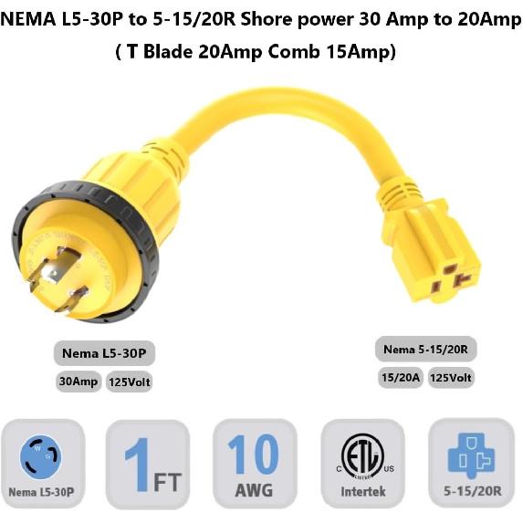 1FT 30-Amp to 15-Amp Marine-Shore Power-Adapter NEMA L5-30P to 5-15/20R,10AWG 30Amp to 20Amp T Blade Marine Adapter Plug,Twist Lock 125V 30A to 20A/