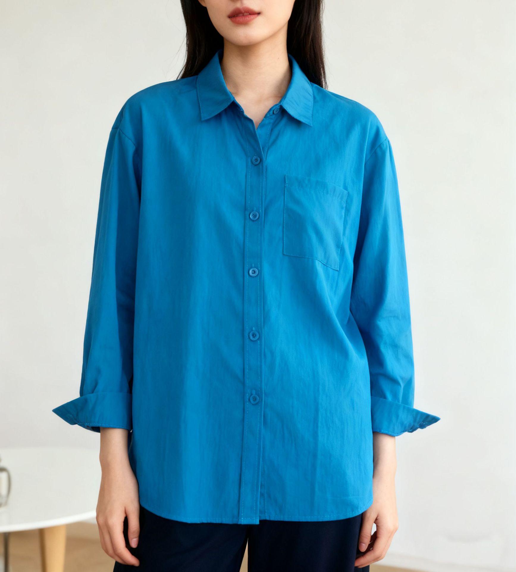 Europe, America, Russia, Blue Shirt, Femininity Commuter Loose Long Sleeve French Premium Sense S