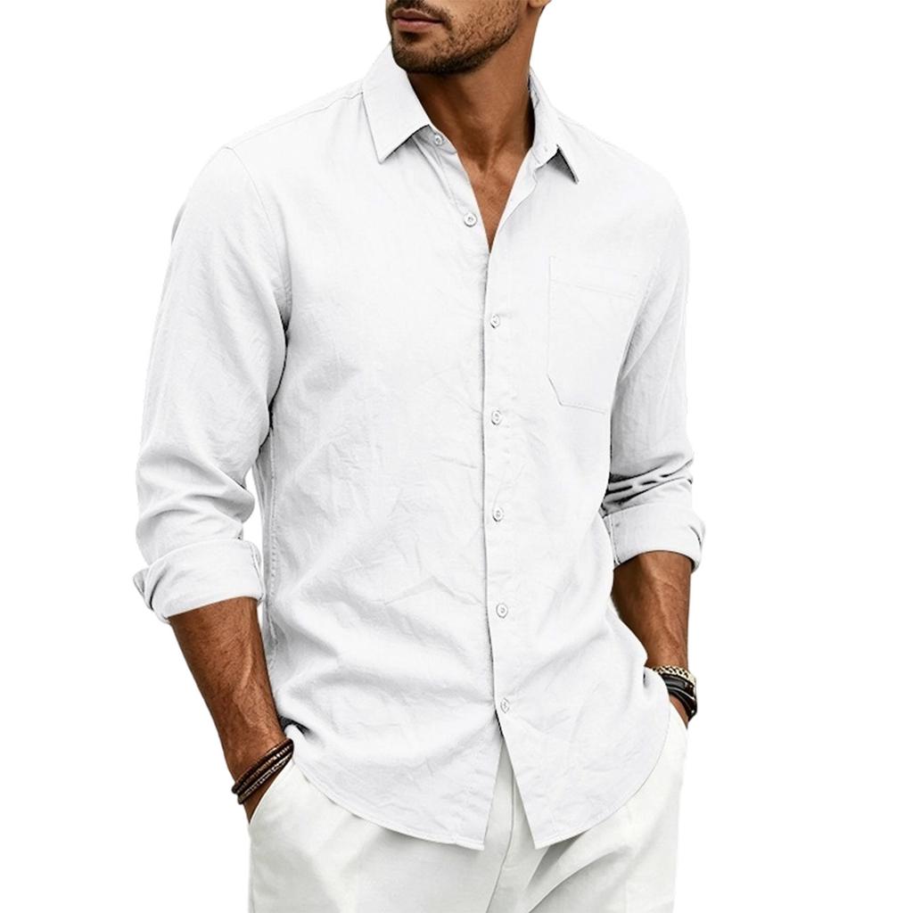 Men’s Linen Long Sleeve Shirt with Classic Turn-Down Collar and Single Chest Pocket Casual Relaxed Fit for Spring and Autumn
