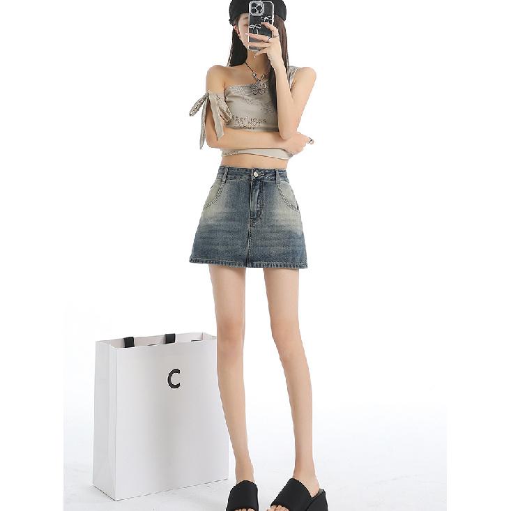 Blue Denim A- Line Mini Skirt Women'S High Waist Slimming Summer New Style Prevent Exposure Personality Wrap Around Short Skirt