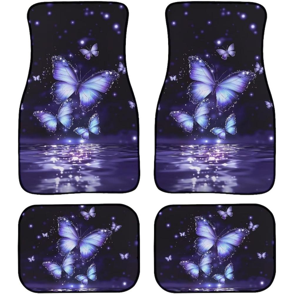 4pcs Purple Blue Butterfly Print Car Floor Mats | Durable Waterproof Universal Fit Automotive Carpet Set for Women, Interior Car Care, Decorative Mats 4pcs car floor mat set