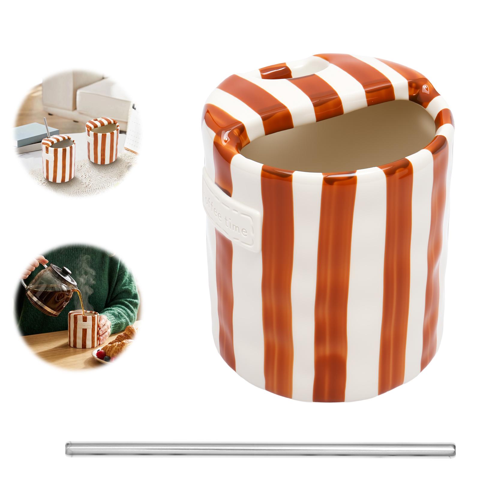 

1Pc Ceramic Coffee Mug Hand Striped Espresso Cup with Straw 10 Oz Breakfast Milk Mug Novelty Coffee Mugs for Tea Hot Chocolate 300ML