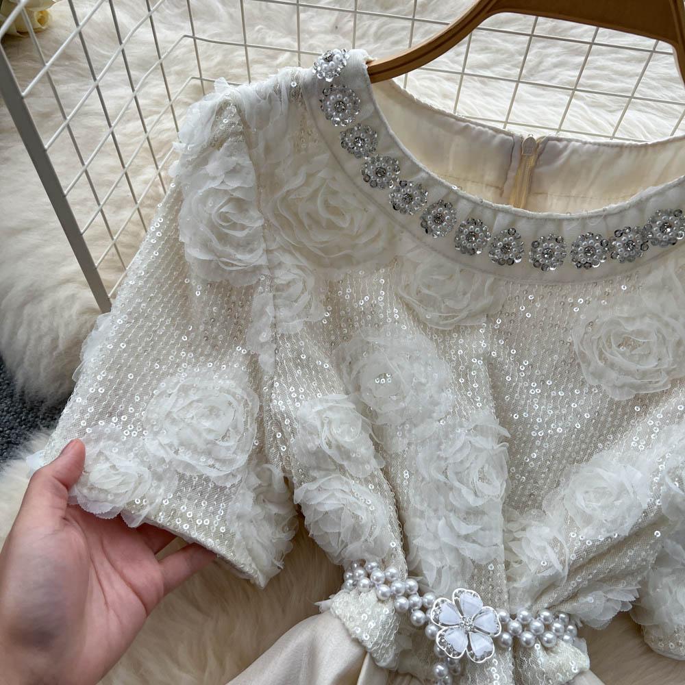 Summer Women Sweet Small Size Flower Beading Fairy Princess Party Dresses For Girl Student With Pearl Belt