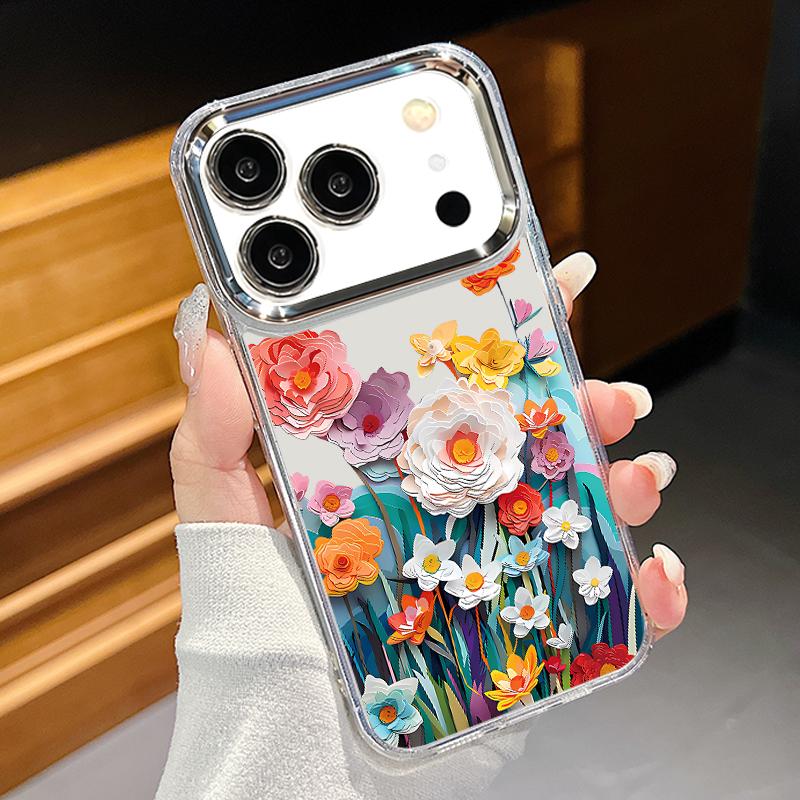 Colorful Flowers Print Case For iPhone 17 Pro Max iPhone 16 15 14 13 Pro Max 11 17e 16e Plating Lens Frame Clear Soft Silicone Back Cover