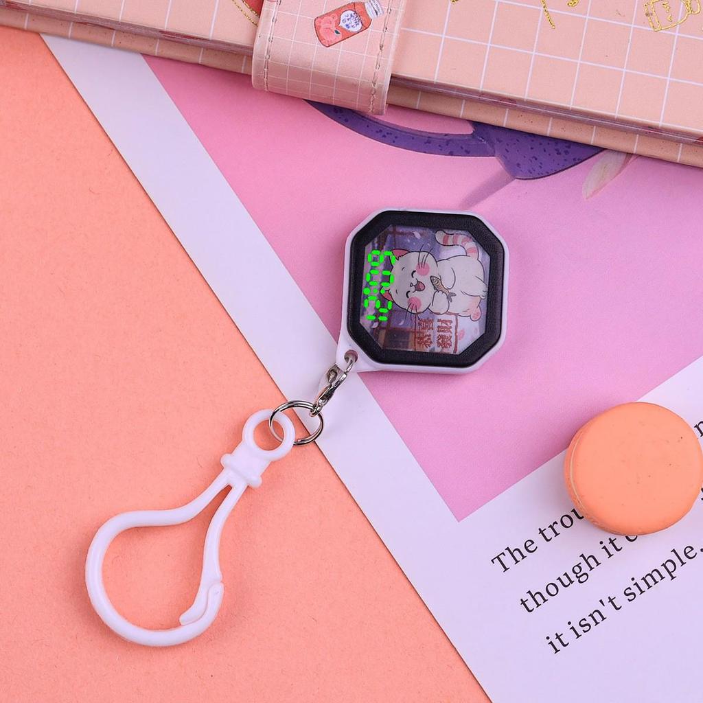 Mini LED Cartoon Cat Keychain Watch Pendant for Kids