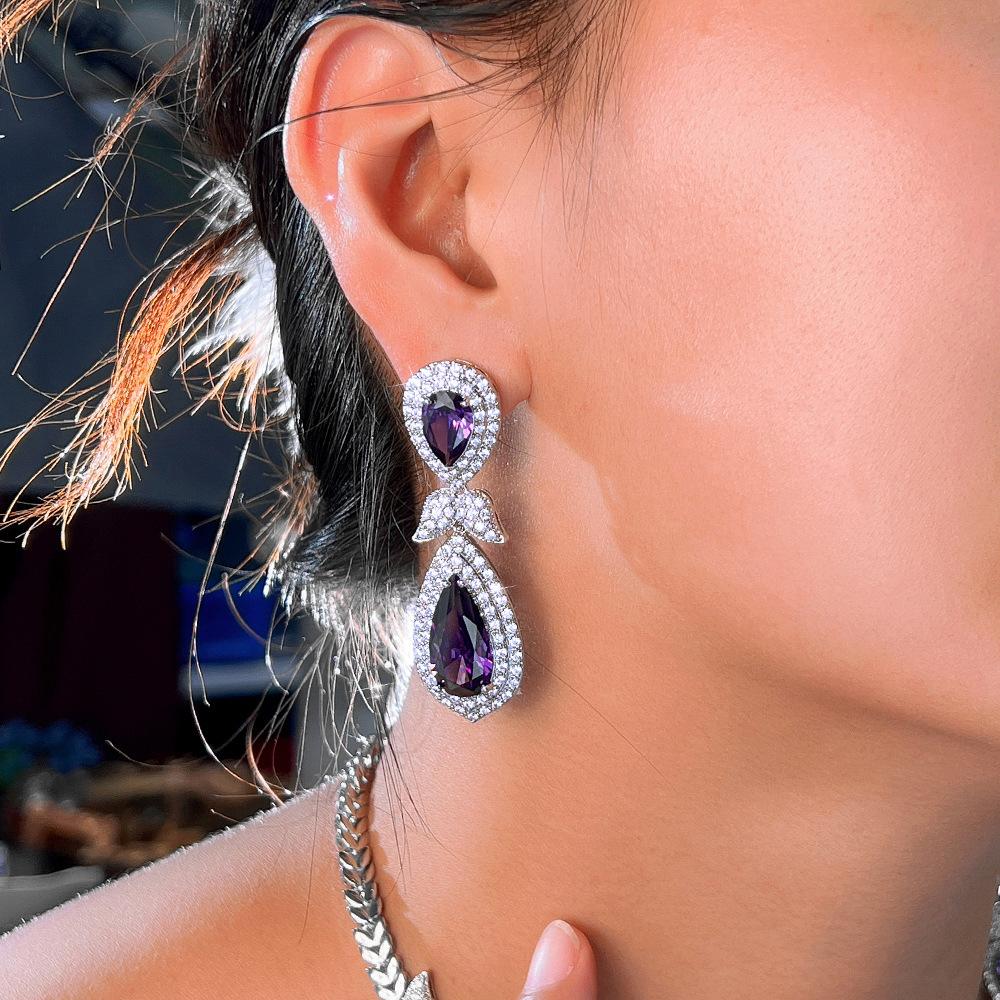 Long Heavy Industry Zircon Water Drop Pear Shaped Purple Earrings Dress Dress Dinner Wedding Accessories Earrings