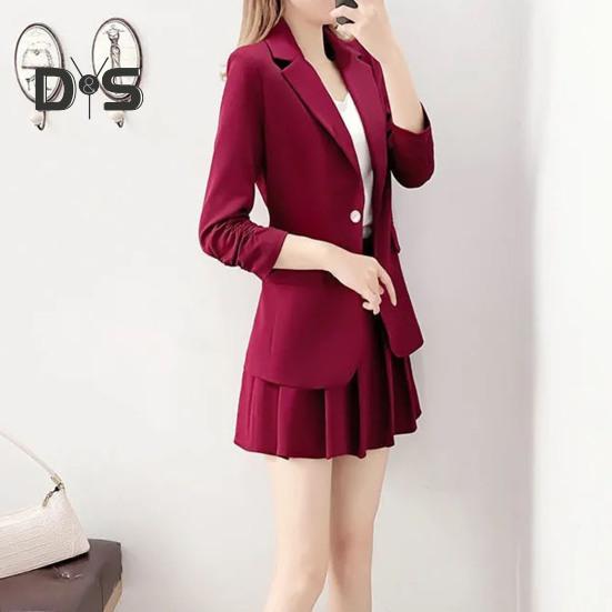 2 Pièces/ensemble Manteau Jupe Ensemble Femmes Printemps Automne Revers Manches Longues Bouton Unique Costume Manteau Plissé Mini Jupe Ensemble Couleur Unie Ensemble