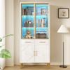 Armadio Alto, Vetrina, Credenza, Mobile da Sala da Pranzo, Vetrina Alta con Ante in Vetro LED APP Effetto Marmo Lucido 2 Cassetti Piedi in Metallo