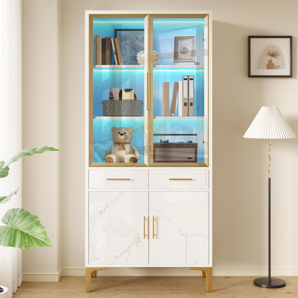 Armadio Alto, Vetrina, Credenza, Mobile da Sala da Pranzo, Vetrina Alta con Ante in Vetro LED APP Effetto Marmo Lucido 2 Cassetti Piedi in Metallo