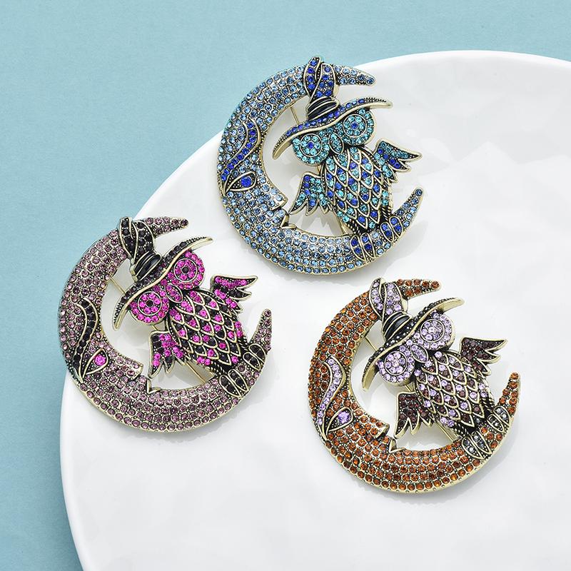 Vintage Mond Eule Brosche für Damen Strass Tier Party Korsagen Nadeln Geschenk