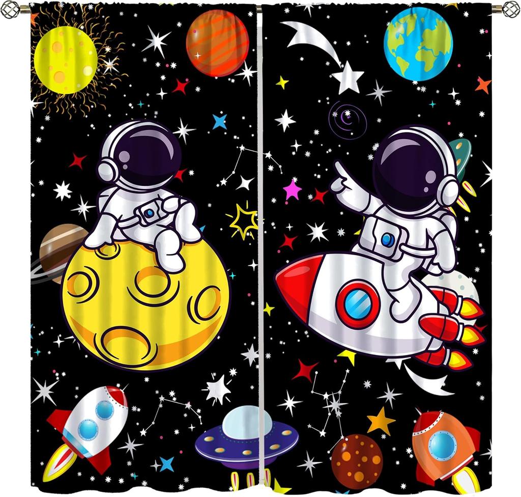 Space Astronaut Curtain,Cartoon Solar System Universe Rocket Spaceship Planet Earth Stars Window Treatments Drapes for Kids Boys