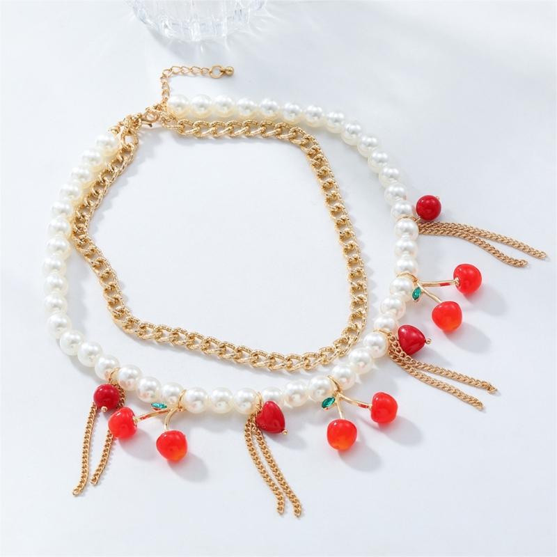 Stylish Cherrys Pendant Necklace With Double Layer Tassels Designs Decoration for Elegant Look Styles Daily Use