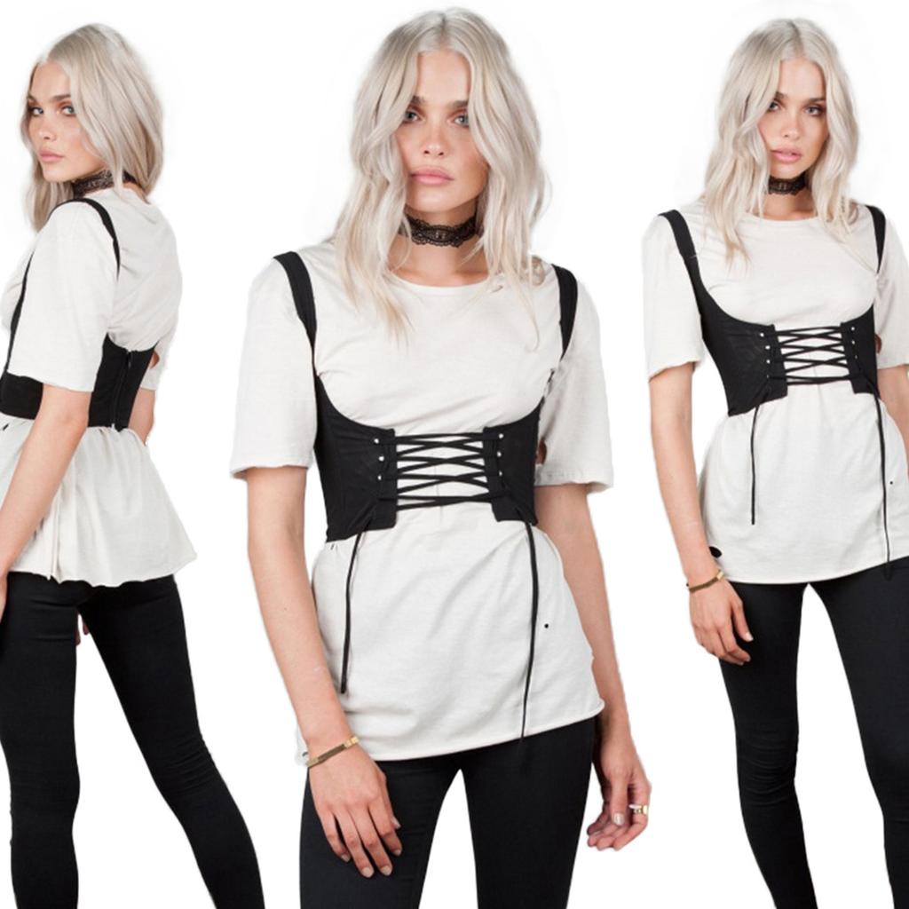 Women Lace Up Waistband Corset Belt Tank Shoulder Tie Up Eyelet Front Back Zipper High Waist Belt