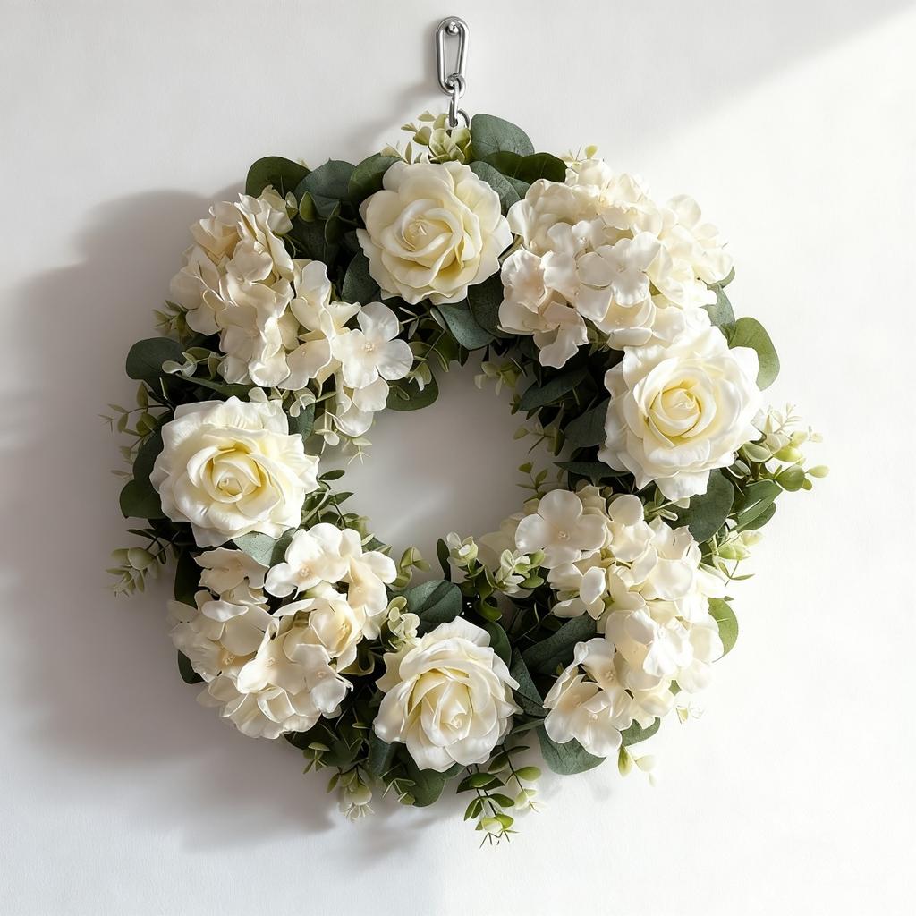 All-Season Artificial Rose Wreath with Embroidery Ball & Realistic Green Leaves - Plastic Flower Garland Suitable for Front Door