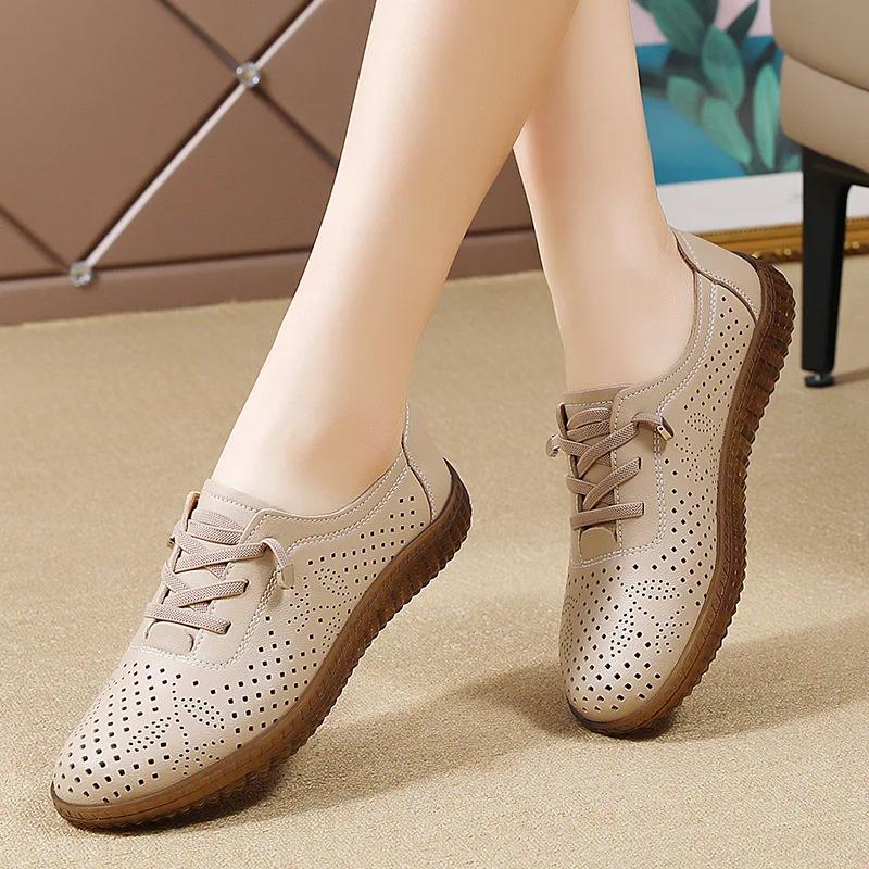 Outdoor Women Jogging Casual Shoes Cow Leather Soft Sole Slip-on Flat Loafers Ladies Sneakers Breathable Walking Trainers Summer