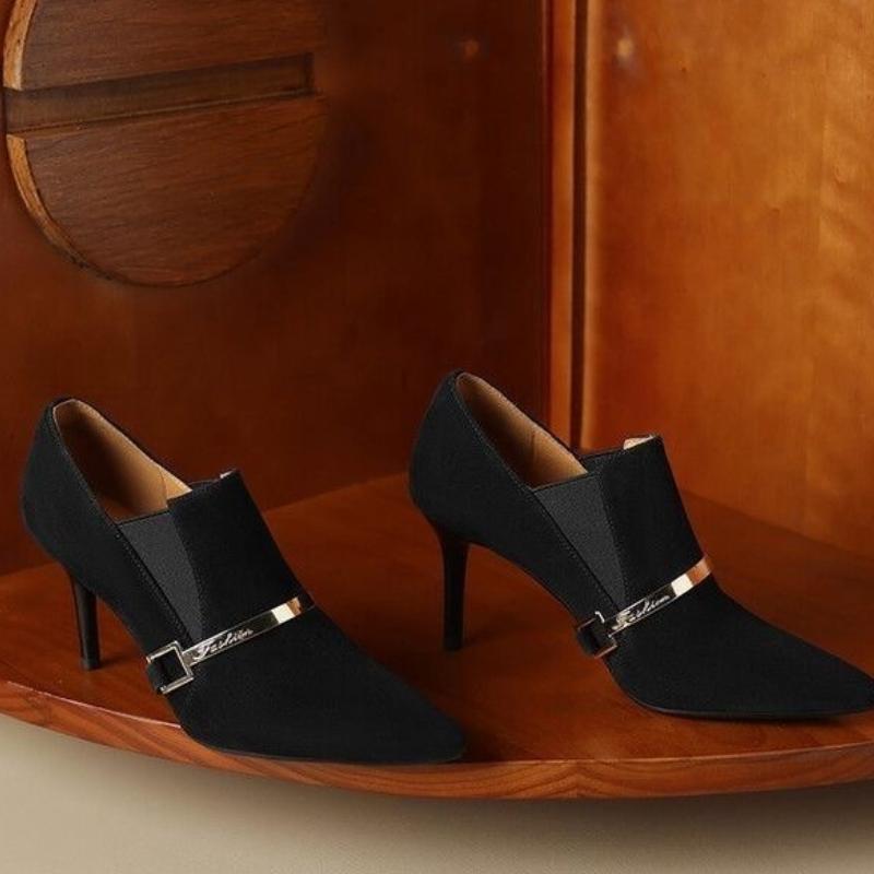 Female Shoes New High Heels Retro Dress Pumps Women Metal Decoration Pointed Toe Slip on Thin Heels Shoes Female