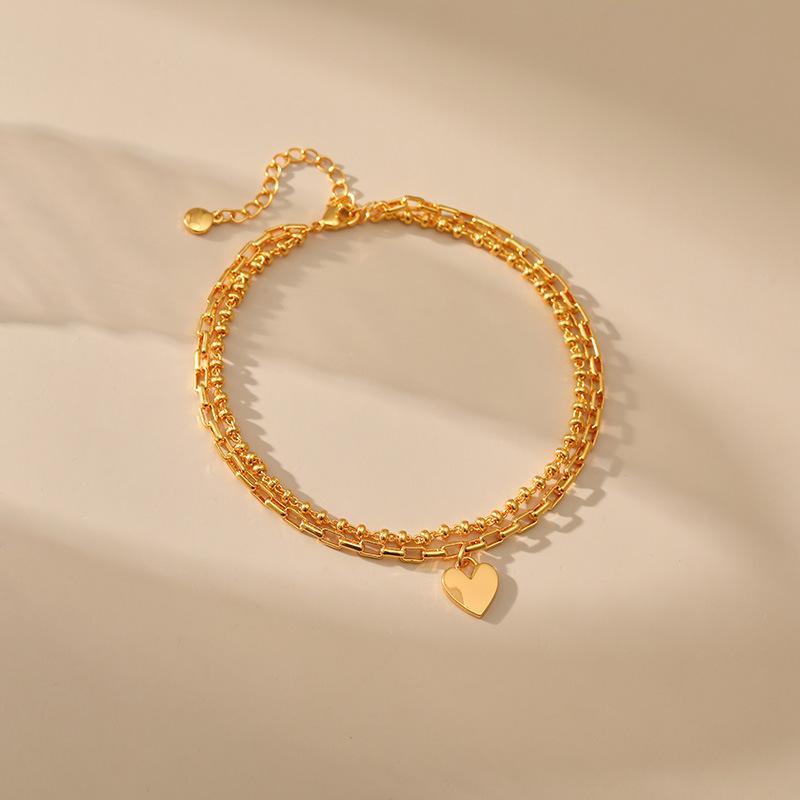 Gold Plated Double Chain Heart Charm Anklet With Extension Chain золотой