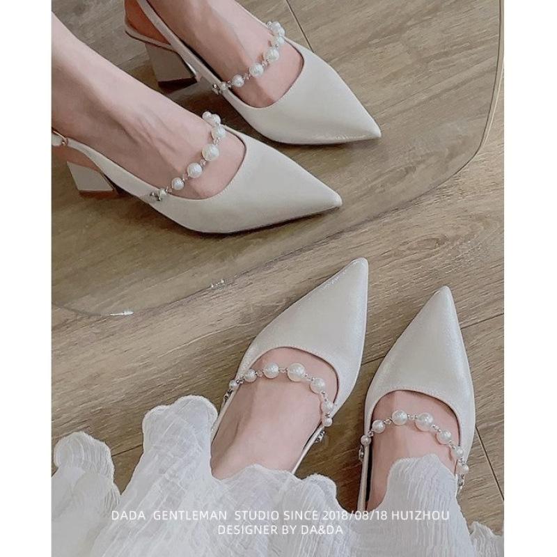 Beautiful Spring and Summer High Heels Women's Thick Heel Cheongsam Pointed Design Sense Niche Pearl Bag Head Sandals