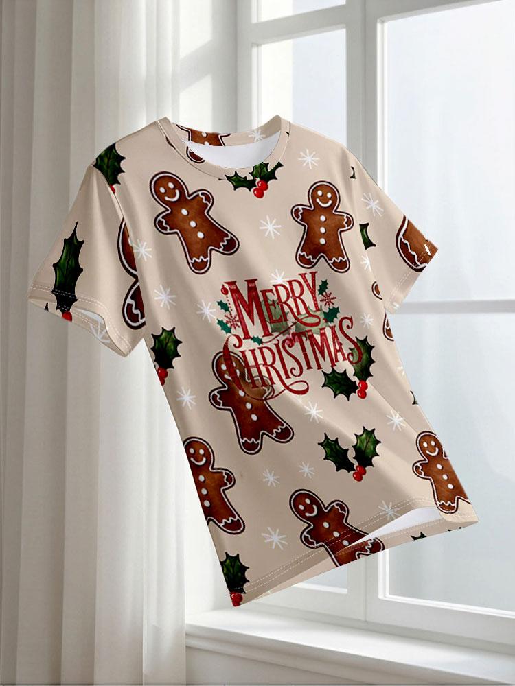 Women's O-Neck Short Sleeve T-Shirt, Polyester Casual Tee with 2D Christmas Gingerbread Man Print k-008