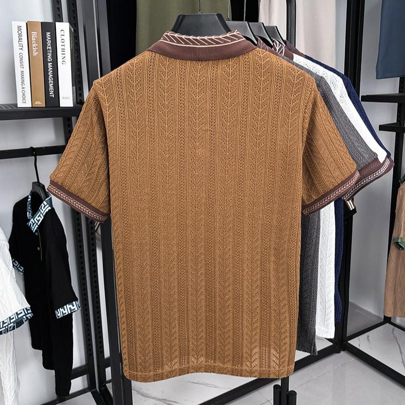 New Short-sleeved T-shirt Men's Autumn Knitted Sweater Embroidered Pattern Matching Jacquard Top